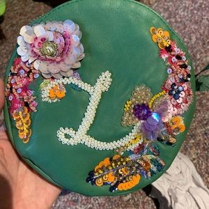 Anthropologie Leather beaded half zipper bag